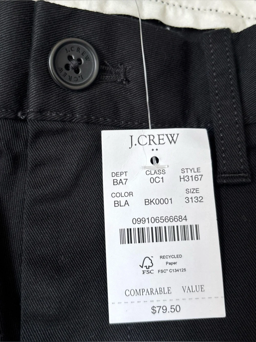 J. Crew Flex Men's Slim Fit Black Chino Pants, 31x32, NWT